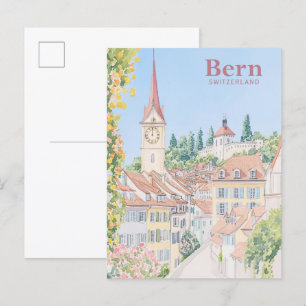 Carte Postale Berne Suisse Gouache Peinture Illustration Voyage