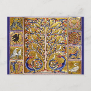 CARTE POSTALE BESTIAIRE MÉDIÉVAL,OISEAUX SUR L'ARBRE DE VIE,DRAG