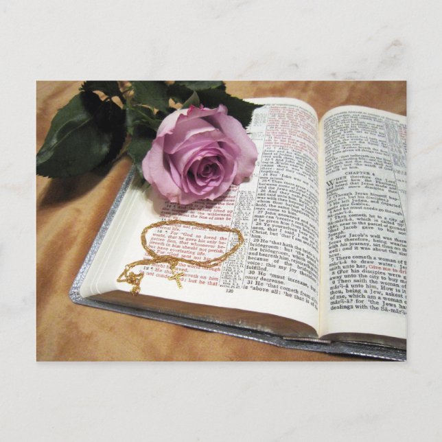 Carte Postale Bible & Rose pourpre avec Chaîne croisée (Devant)