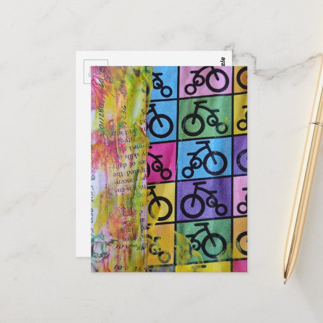 Carte Postale Bicycles colorful mixed media collage (Devant/Arrière en situation)
