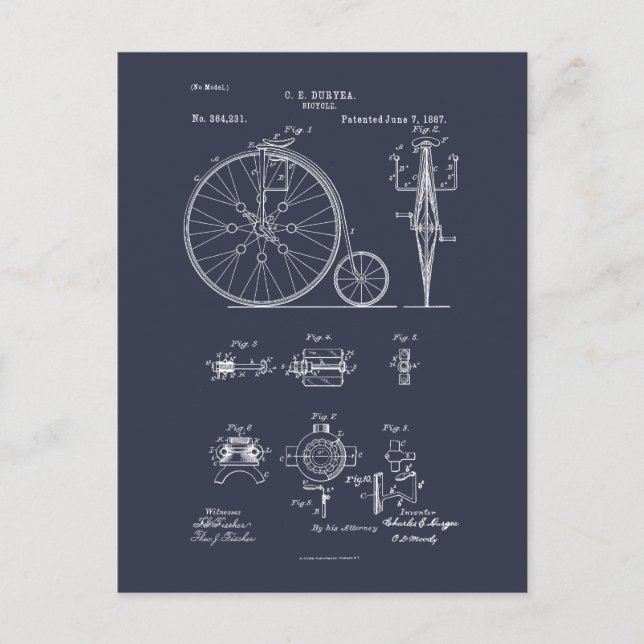 Carte Postale Bicyclette antique 1887 Penny Farthing Brevet (Devant)