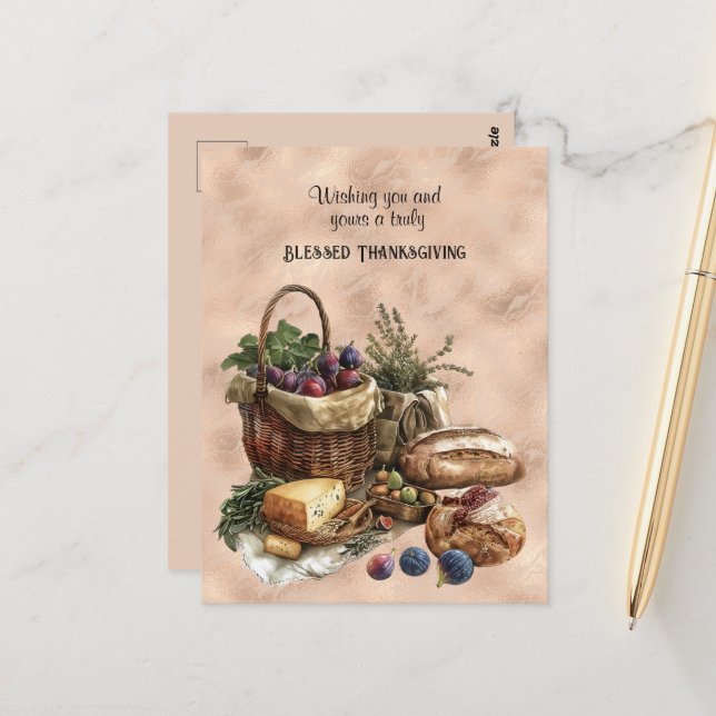 Carte Postale Bienheureux Fromage et raisins de pain de Thanksgi (Devant/Arrière en situation)