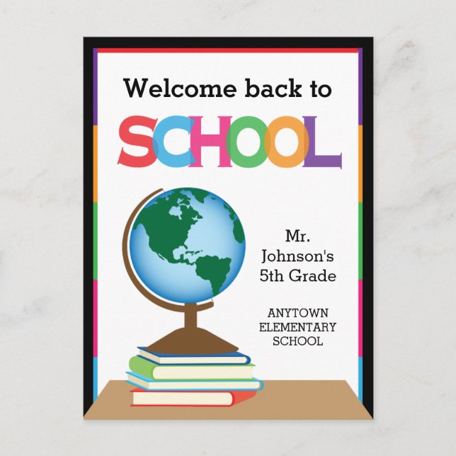 Carte Postale Bienvenue à l'école, Globe & Livres Personnalisé (Devant)