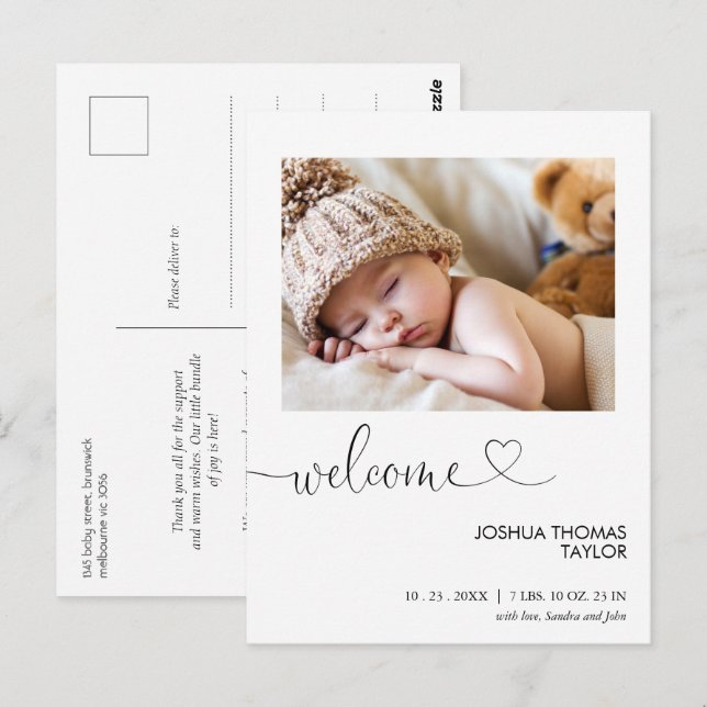 Carte Postale Bienvenue Calligraphie Faire-part de naissance car (Devant / Derrière)