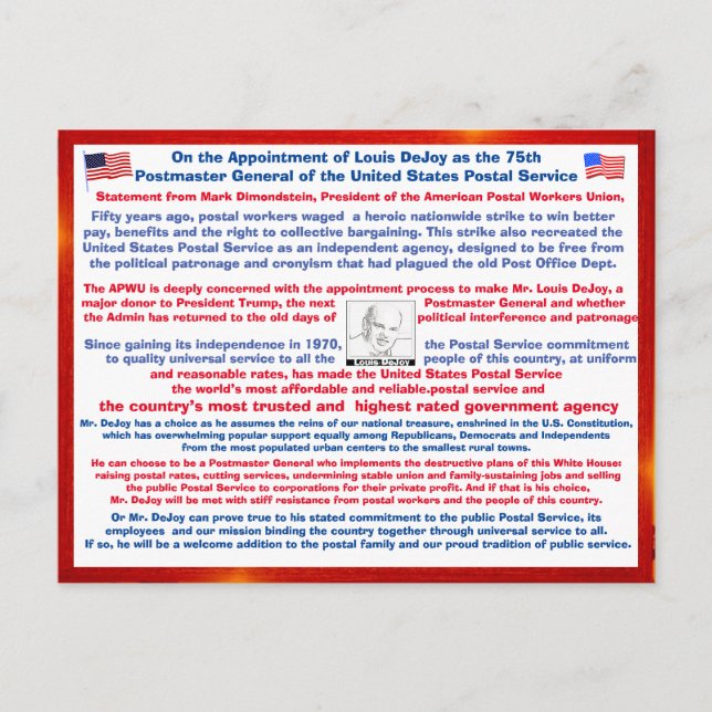 Carte Postale Bienvenue Louis DeJoy à l'USPS (Devant)