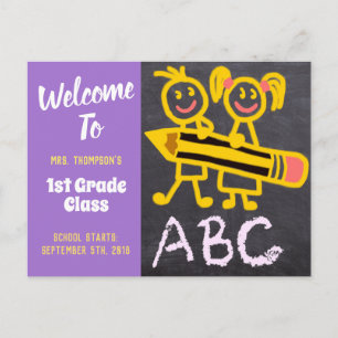 Carte Postale Bienvenue Retour À L'École Professeur Purple Chalk