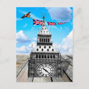 Carte Postale Big Ben, avion, Union Jacks, surreal Londres