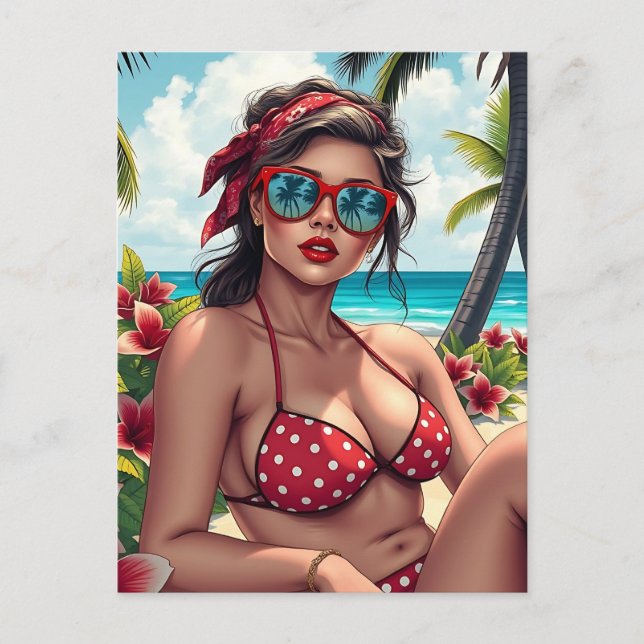 Carte Postale Bikini rouge, lunettes de soleil et femme de Banda (Devant)