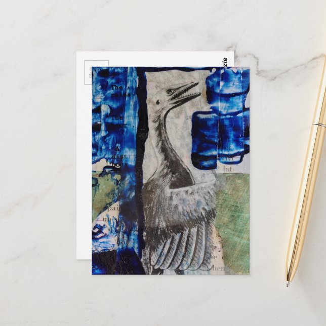 Carte Postale Bird Dino Blue Paint Mixed Media Collage (Devant/Arrière en situation)
