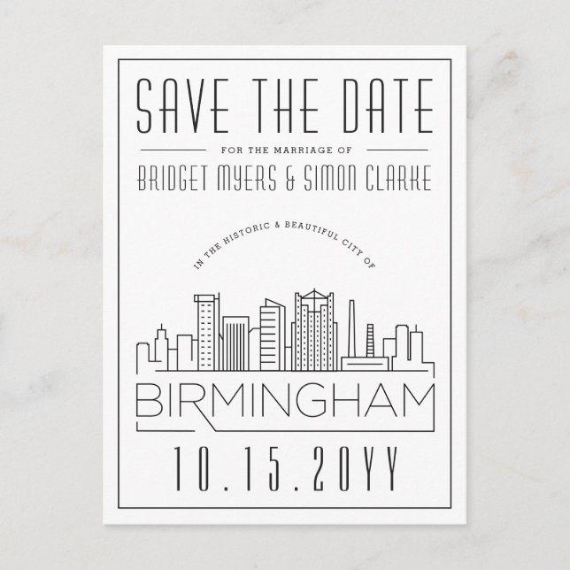 Carte Postale Birmingham Mariage Styliszed Skyline Enregistrer l (Devant)