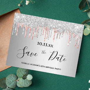 Carte Postale Birthday silver rose gold glitter save the date