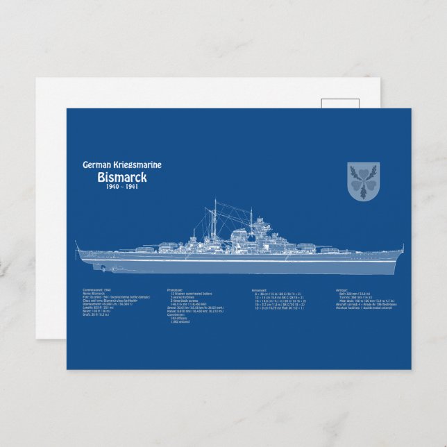 Carte Postale Bismarck - Plan directeur du navire de bataille AB (Devant / Derrière)