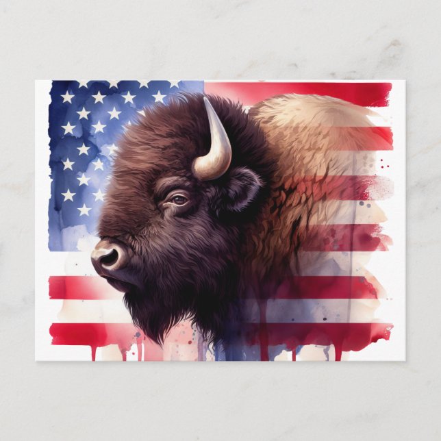 Carte Postale Bison avec drapeau des États-Unis d'Amérique (Devant)