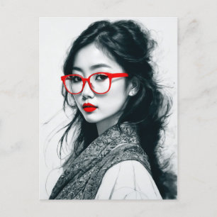 Carte Postale Black Blanc Asiatique Portrait Lèvres Rouges Et Ve
