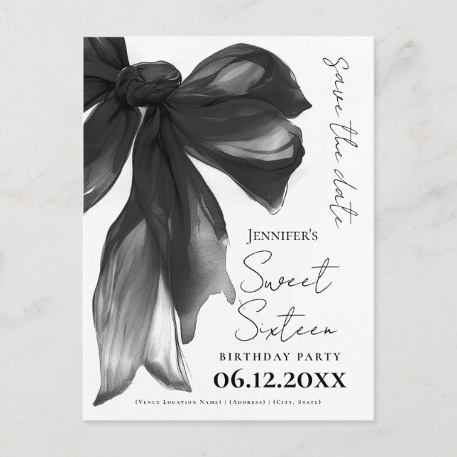 Carte Postale Black Bow Coquette Sweet 16 Save the Date (Devant)