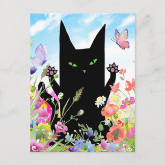 Carte Postale Black Cat Spring Greeting Card:  Kitty and Flowers