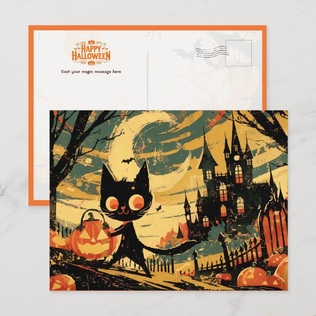 Carte Postale Black Cat with Pumpkin Bucket by the Castle (Devant / Derrière)
