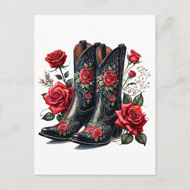 Carte Postale Black Cowboy Boots With Red Roses (Devant)