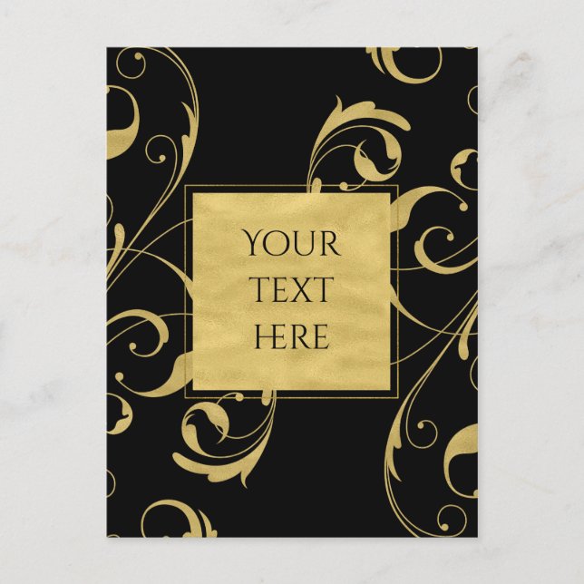Carte Postale Black & Faux Gold Floral Swirl Mariage élégant (Devant)
