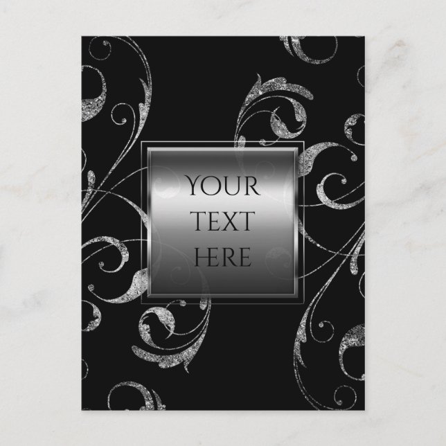 Carte Postale Black & Faux Silver Glass Floral Swirl Élégant (Devant)