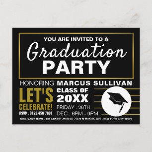 Carte Postale Black & Gold moderne, Graduation Party Invitation