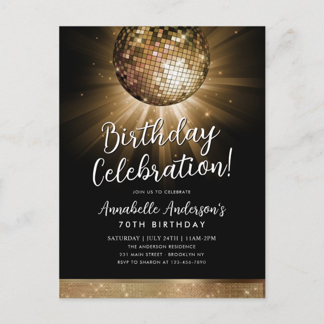 Carte Postale Black Gold Parties scintillant les années 70 Party (Devant)