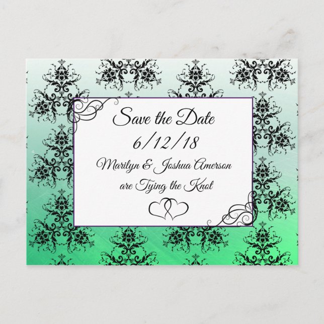 Carte Postale Black Green Mariage damassé Enregistrer la date Ca (Devant)