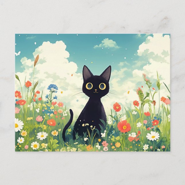 Carte Postale Black Kitten in Sunny Wildflower Summer Meadow (Devant)