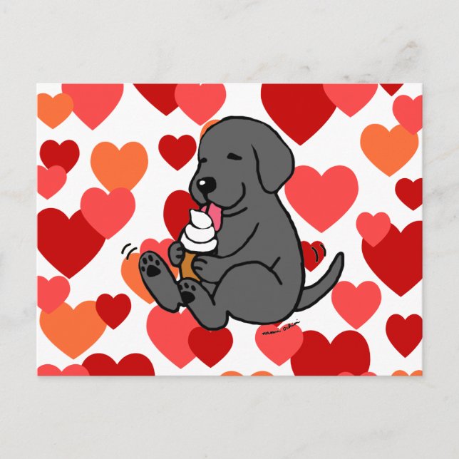 Carte Postale Black Lab Lick Glace Cream avec Coeurs (Devant)
