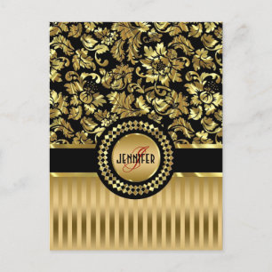 Carte Postale Black & Metallic Gold Floral Damas & Stripes