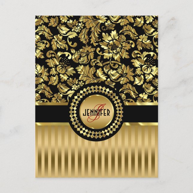 Carte Postale Black & Metallic Gold Floral Damas & Stripes (Devant)