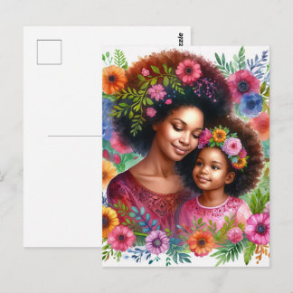 Carte Postale Black Mother and Daughter Floral Watercolor