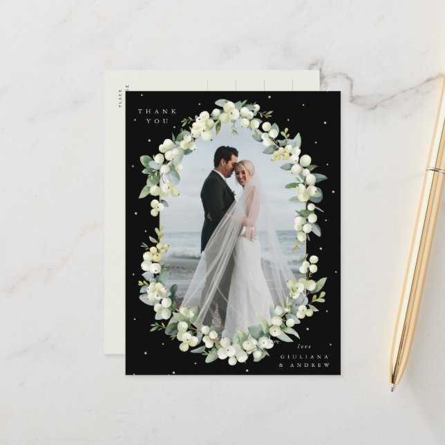 Carte Postale Black Snowberry+Eucalyptus Merci Mariage Photo (Devant/Arrière en situation)