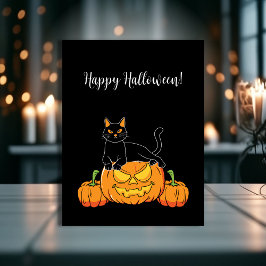 Carte Postale Black Stylish Happy Halloween Chat & Citrouille Im
