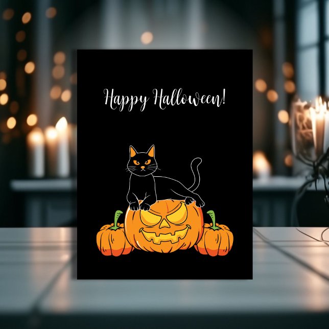 Carte Postale Black Stylish Happy Halloween Chat & Citrouille Im (Black Stylish Happy Halloween Cat & Pumpkin Print Postcard!)