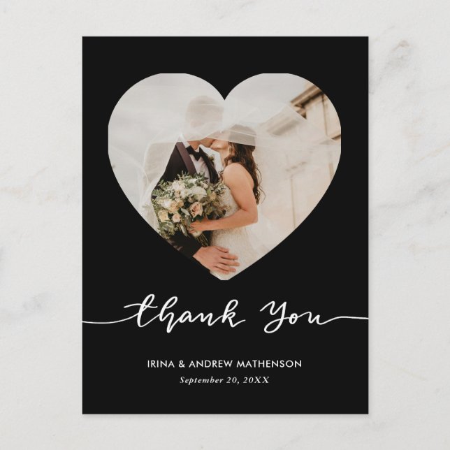 Carte Postale Black Wedding Thank You Script Heart Photo (Devant)