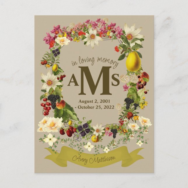 Carte Postale Blason Floral Élégant En Souvenir Funérailles  (Devant)