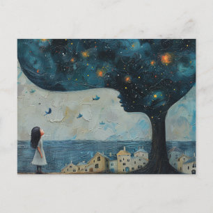 Carte Postale Bleu Arbre et Enfants Émerveillés Maisons Balnéair