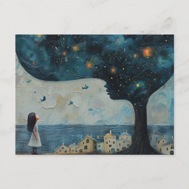 Carte Postale Bleu Arbre et Enfants Émerveillés Maisons Balnéair (Devant)