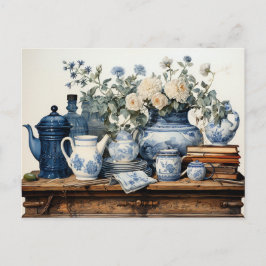 Carte Postale Bleu Blanc Café Pot Creamer Jar en verre de sucre