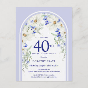 Carte Postale Bleu Blanc Floral Boho Arch 40e fête d'anniversair