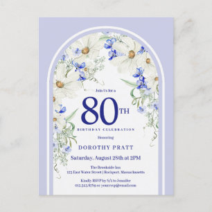 Carte Postale Bleu Blanc Floral Boho Arch 80e fête d'anniversair