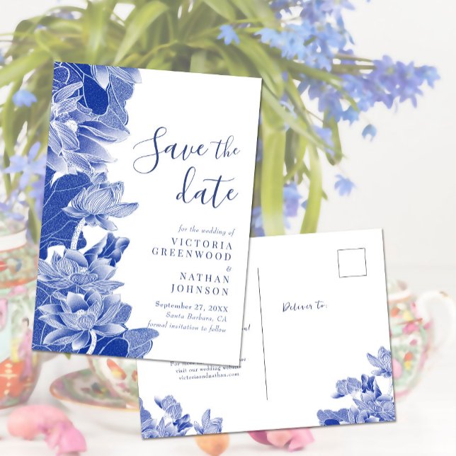 Carte Postale Bleu Blanc Lotus Floral Chinoiserie Enregistrer la (Créateur téléchargé)