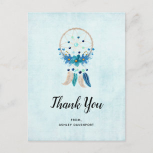 Carte Postale Bleu Dreamcatcher avec plumes Merci Boho