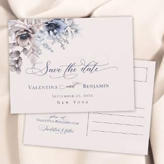 Carte Postale Bleu Dusty beige floral élégant Enregistrer la dat