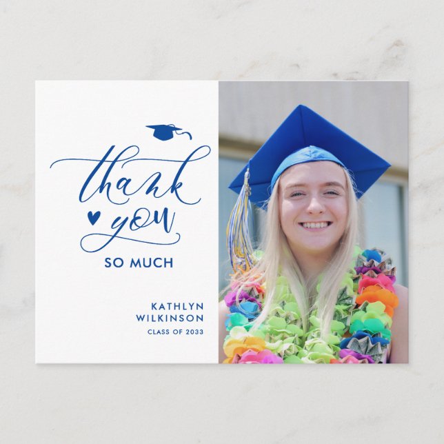Carte Postale Bleu Elegant Script Photo Graduation Merci (Devant)