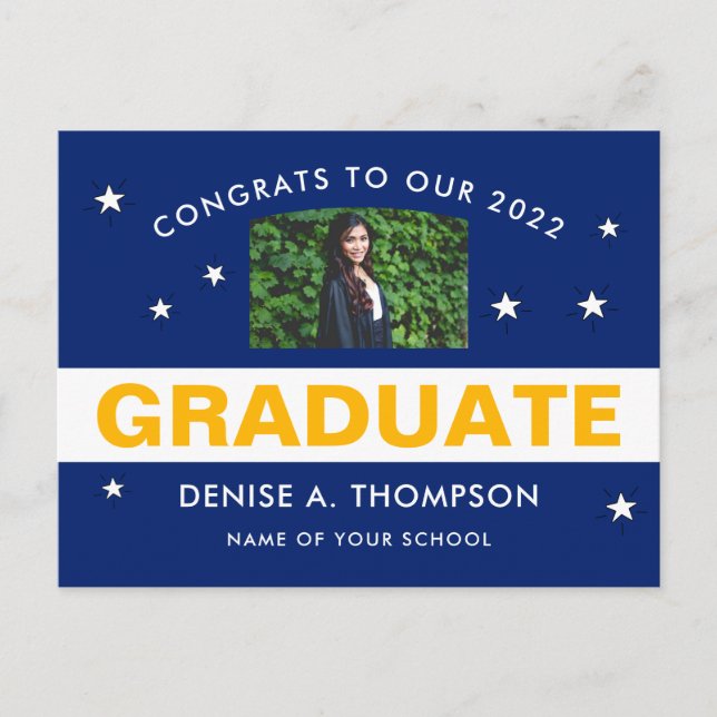 Carte Postale Bleu et Gold Graduation Photo Congrats (Devant)