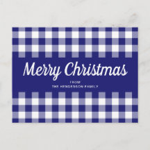 Bleu Gingham Carreaux Script Joyeux Noël