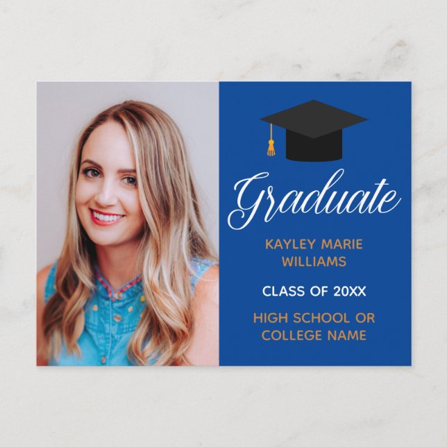 Carte Postale Bleu Gold Graduation Photo Faire-part diplômée (Devant)