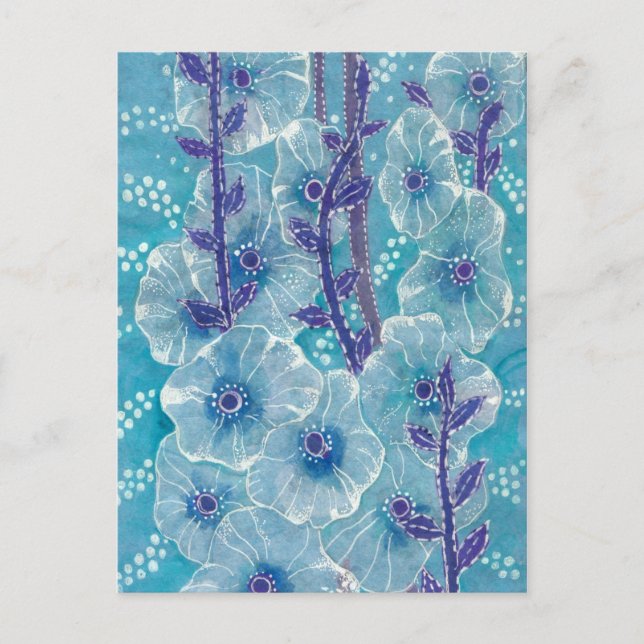 Carte Postale Bleu Hollyhock Malve Fleur de Malva peinture flora (Devant)